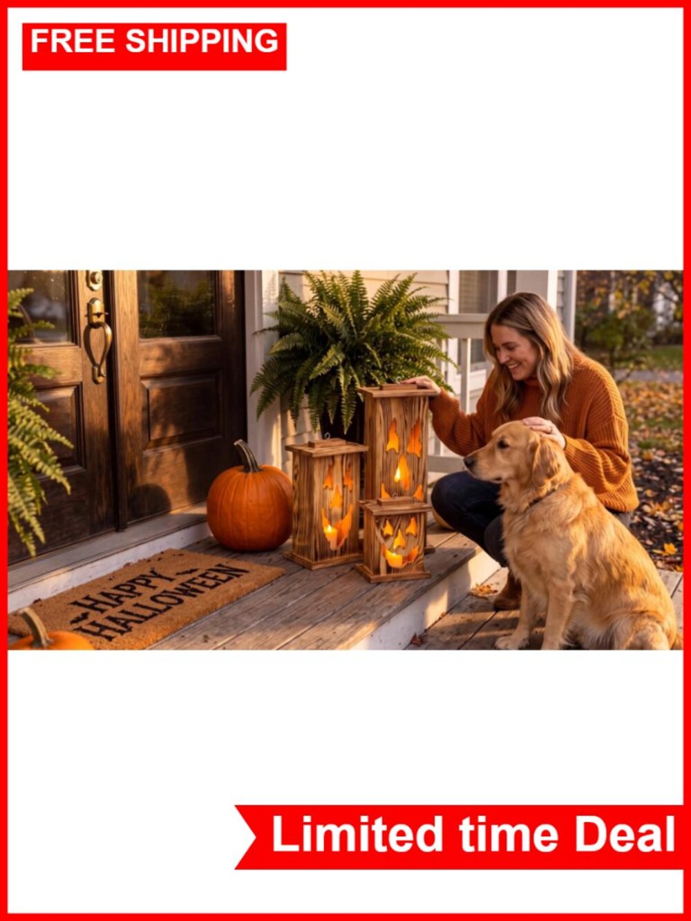 Halloween Wooden Lantern Set 3 Pcs Jack O Lantern Decor - Picture 6 of 6